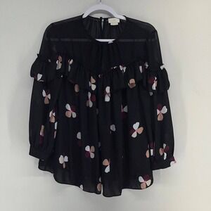 Kate Spade Dusk Buds Ruffle Blouse Womens Medium Black Floral Whimsigoth Peasant